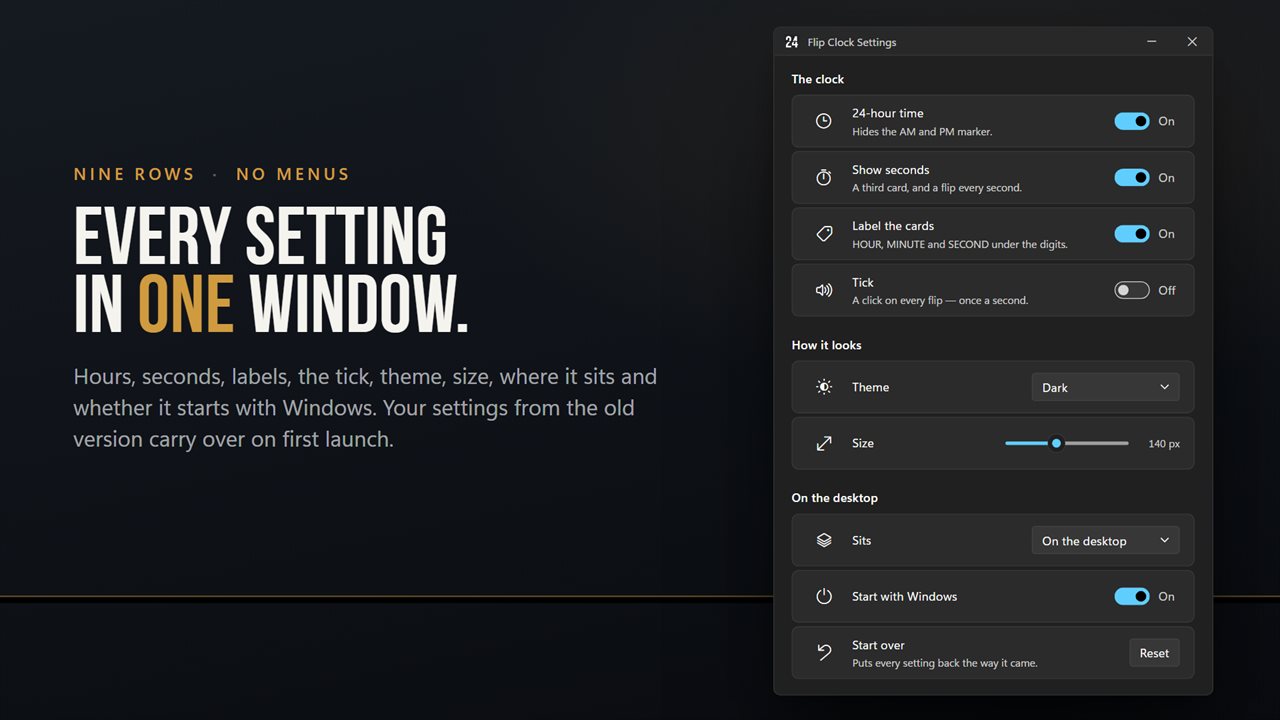 Every setting in one window, and your settings from the old version carry over on first launch.