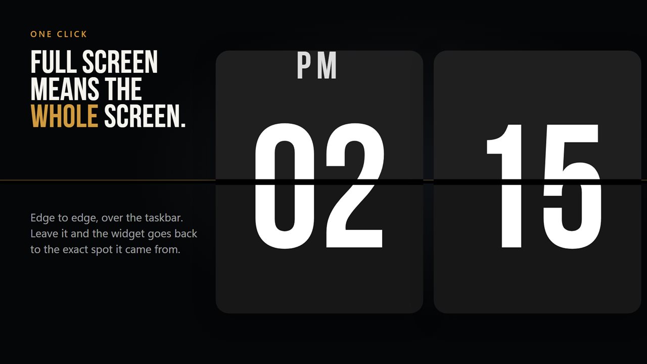 Full screen means the whole screen — edge to edge, over the taskbar, and back to where it was when you leave.