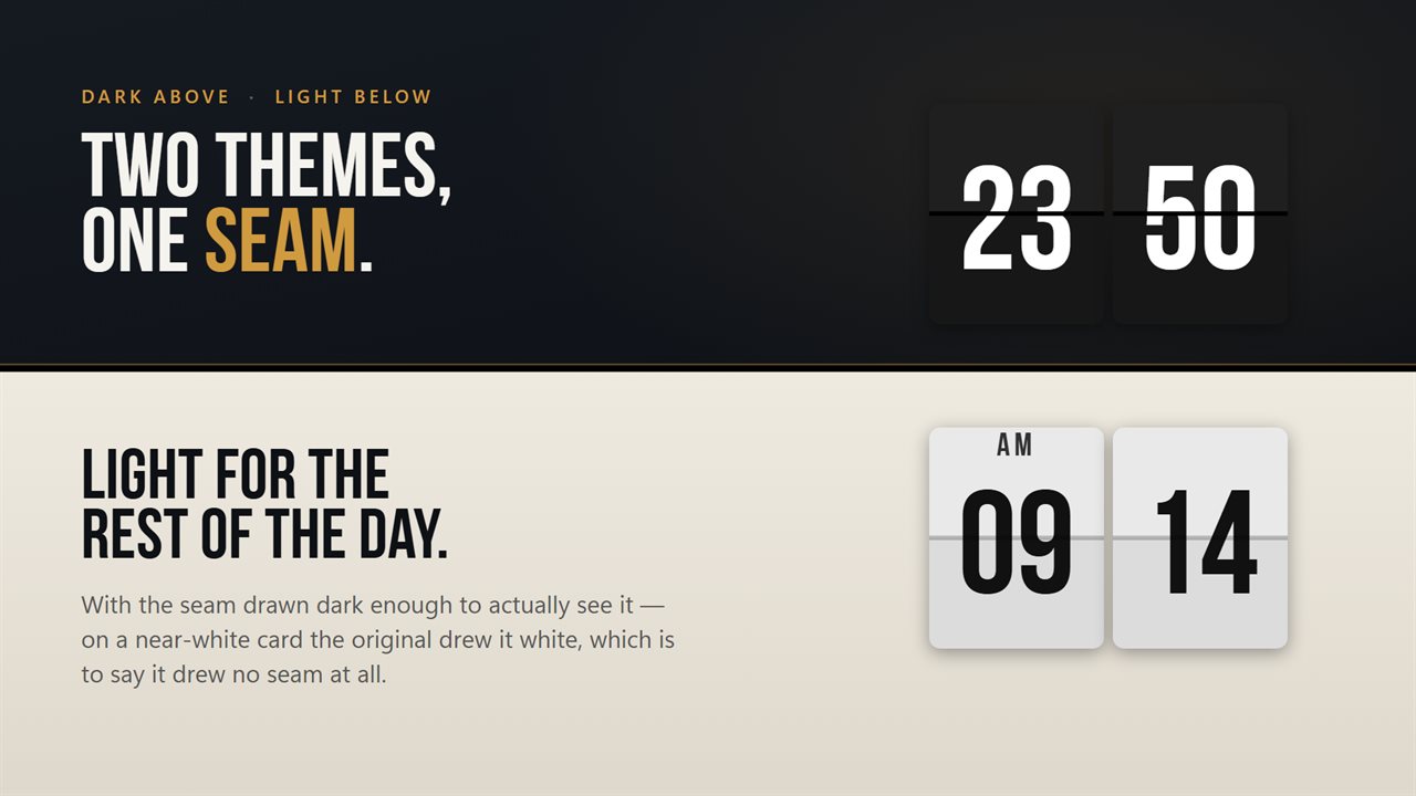 Two themes. Dark for a desk at night, light for the rest of the day.