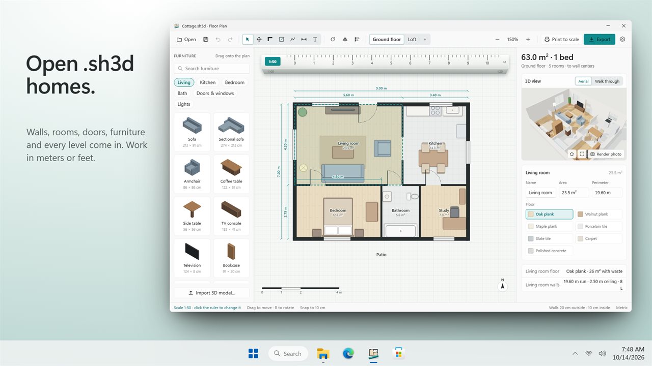 Open .sh3d homes, levels and all, and work in meters or feet.