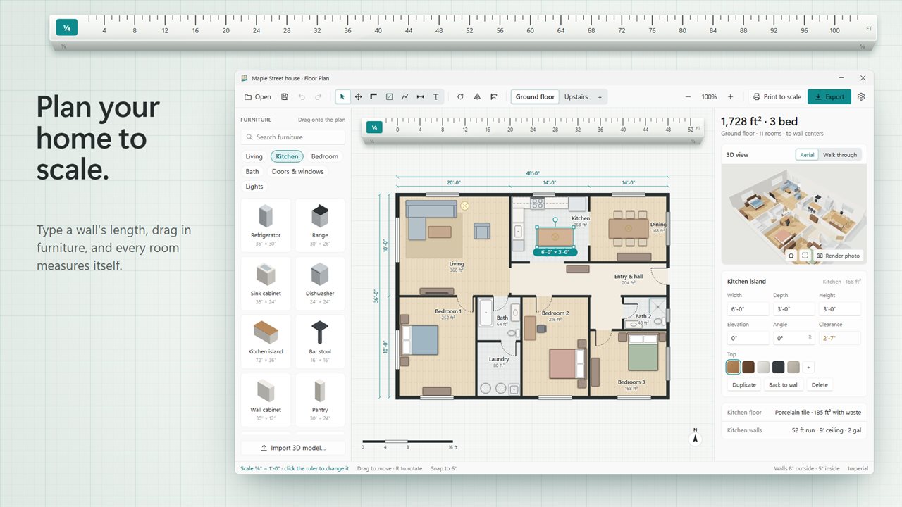 Draw your home to scale, furnish it from the catalog and watch the area add up.