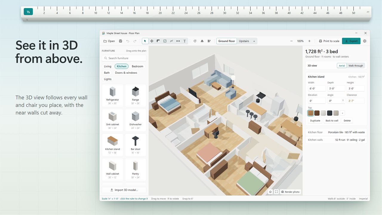See the whole house in 3D from above, with the near walls cut away.
