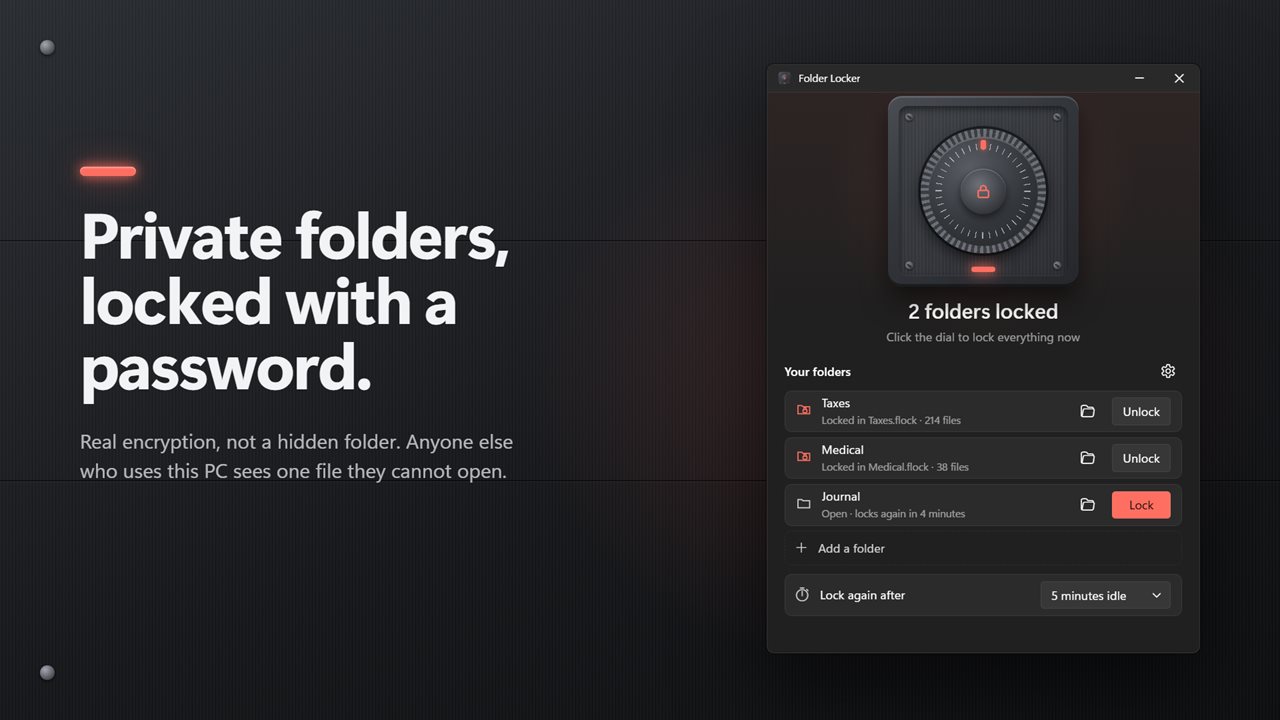 Lock private folders with a password and real encryption.