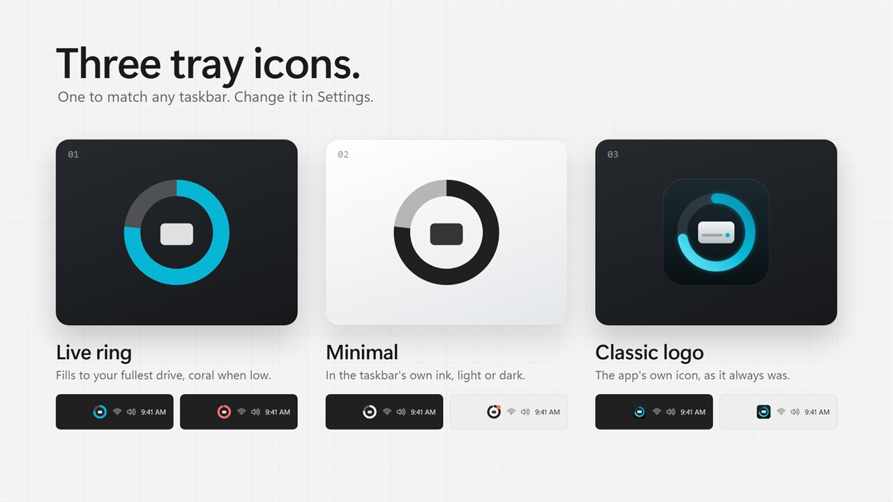 Three tray icons: a live ring, a minimal one or the classic logo.