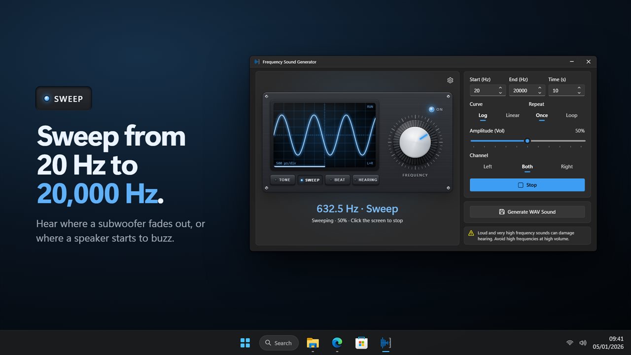 Sweep from 20 Hz to 20,000 Hz to test your speakers.