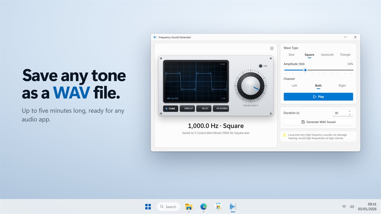 Save any tone, sweep or beat as a WAV file.