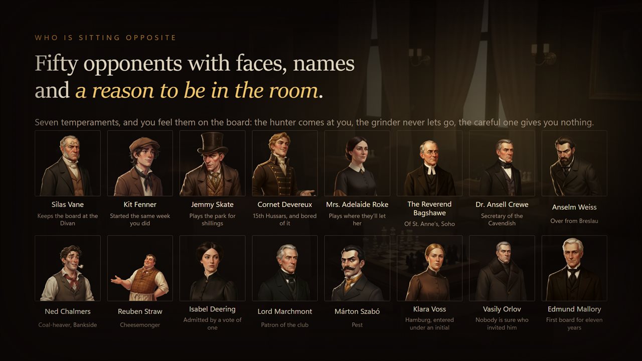 Fifty named players, each with a strength and a temperament of their own.