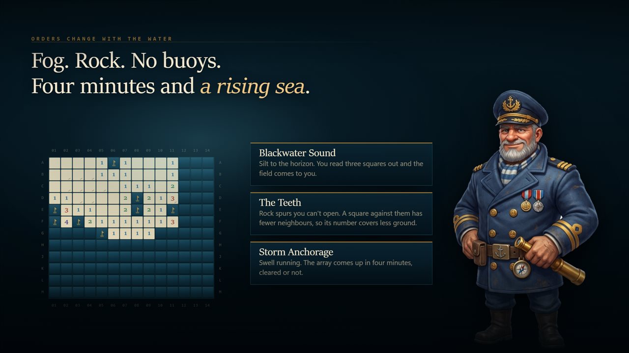 Fog, rock spurs, no buoys and a rising sea — the orders change with the water.