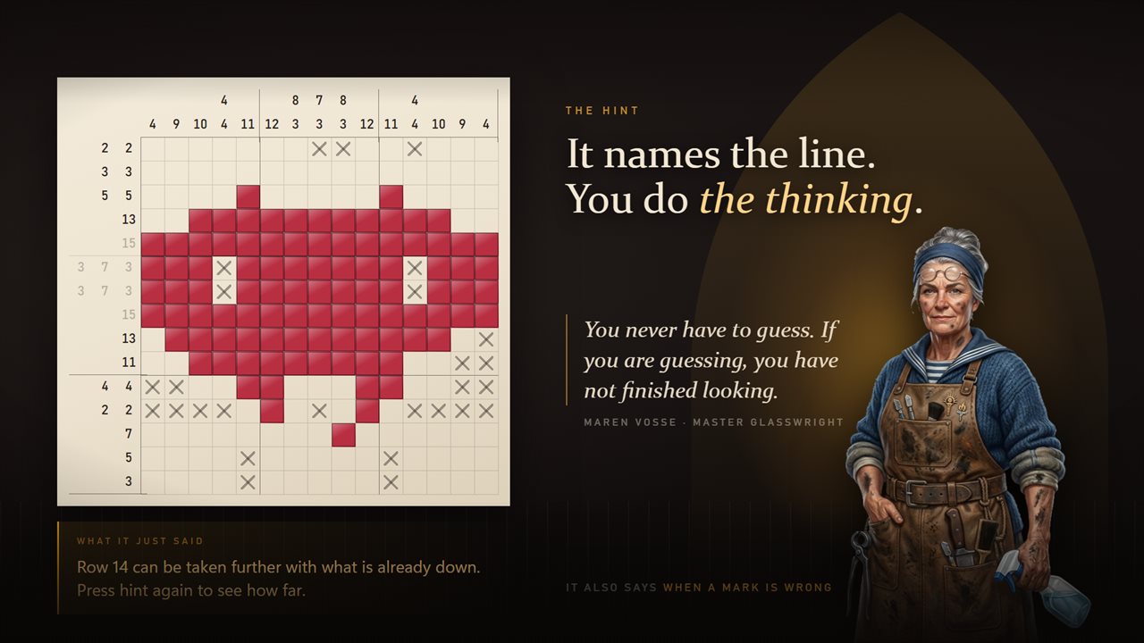 The hint names the line you could work out next - and says when a mark is wrong.