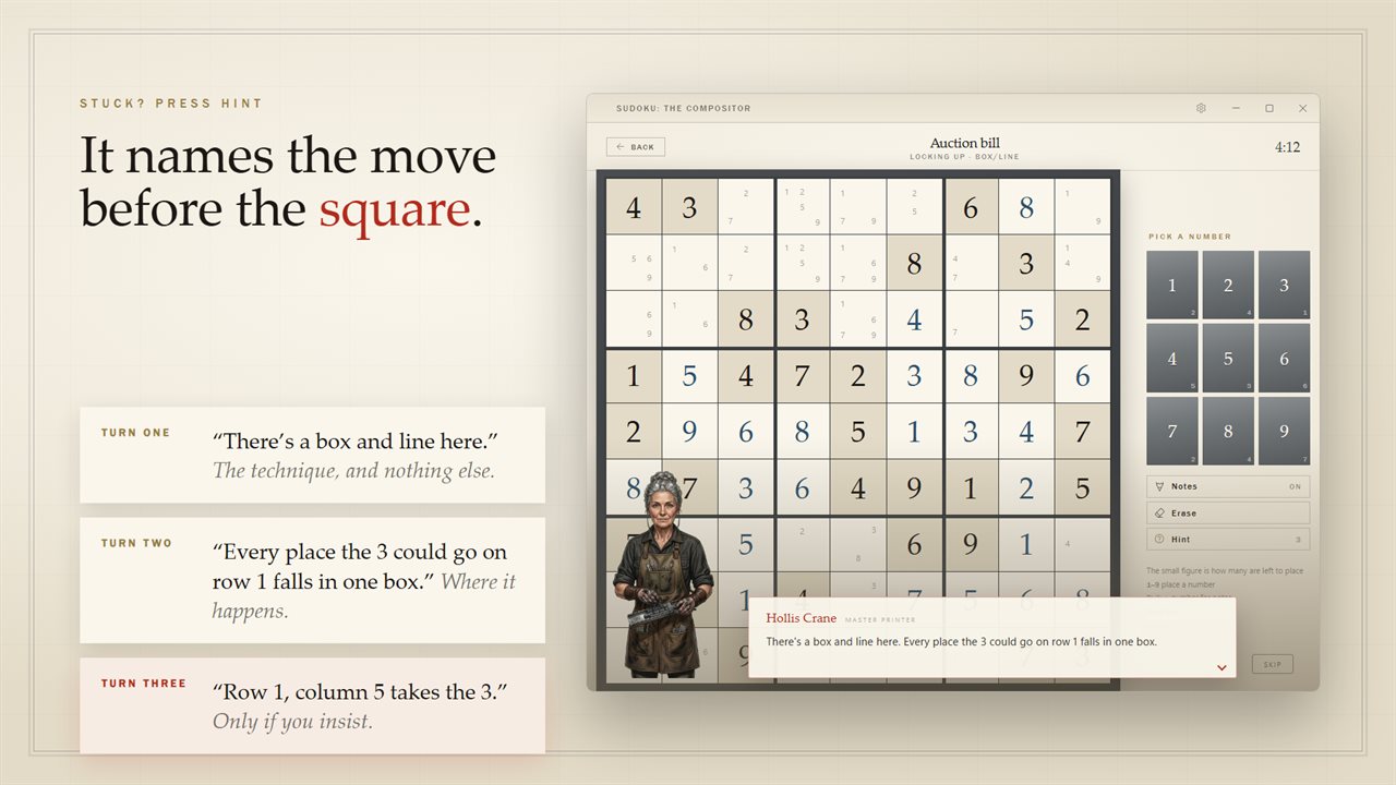 The hint names the move first, explains it second, and only then points at the square.