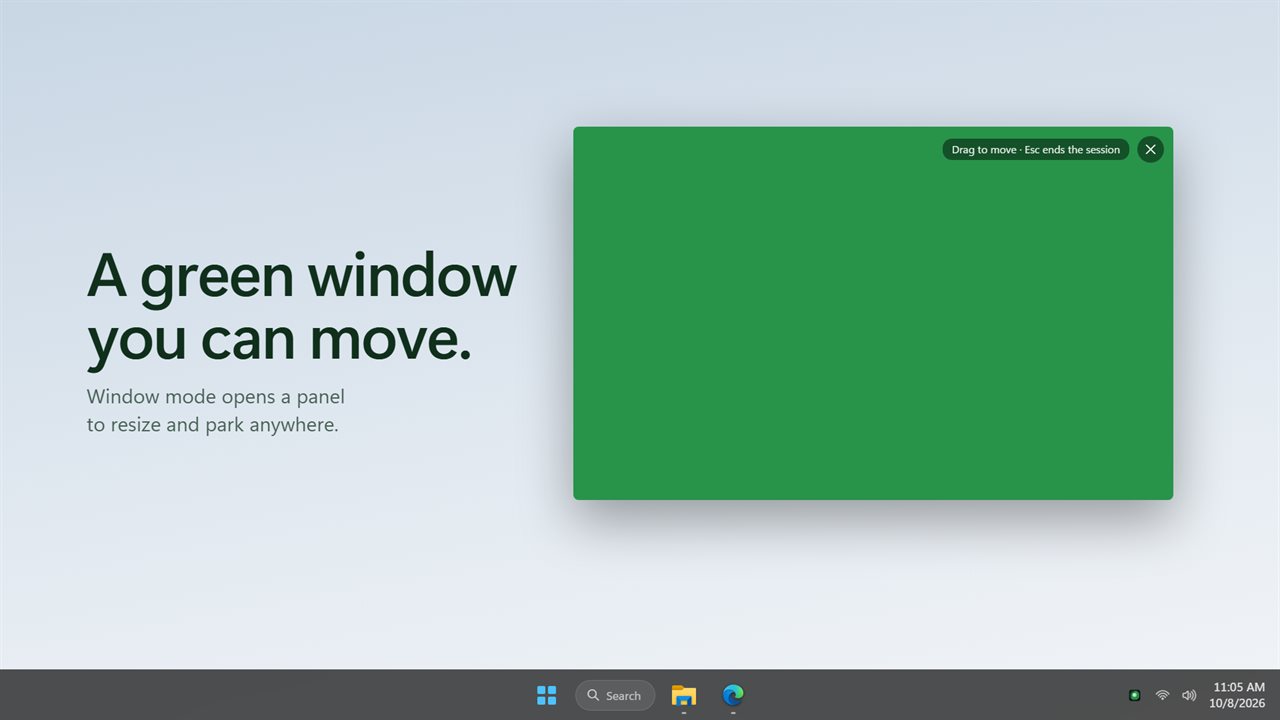 A green panel window you can move and resize.