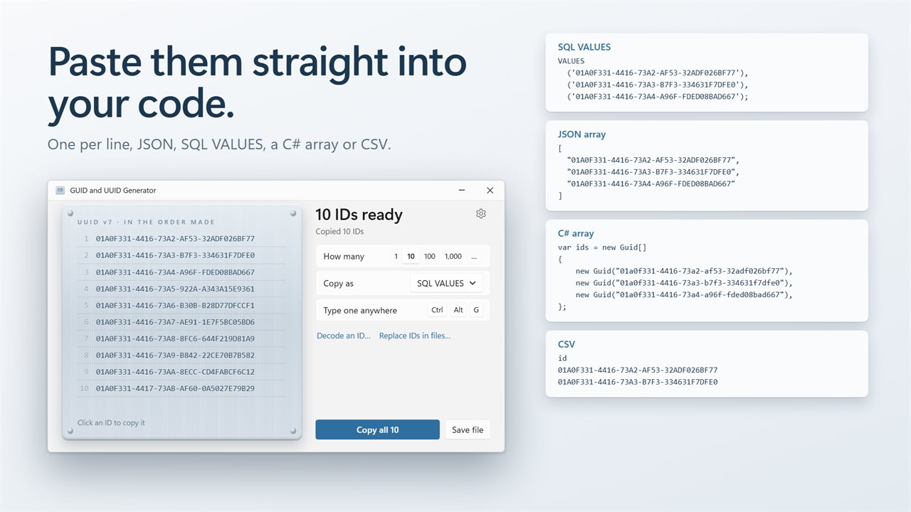 Copy a batch as JSON, SQL VALUES, a C# array or CSV.