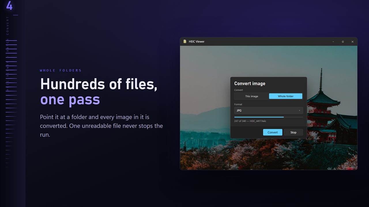 Convert a whole folder in one pass. One unreadable file never stops the run.
