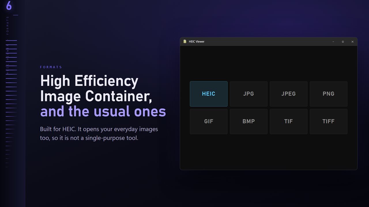 HEIC plus the everyday formats: JPG, PNG, GIF, BMP and TIFF.