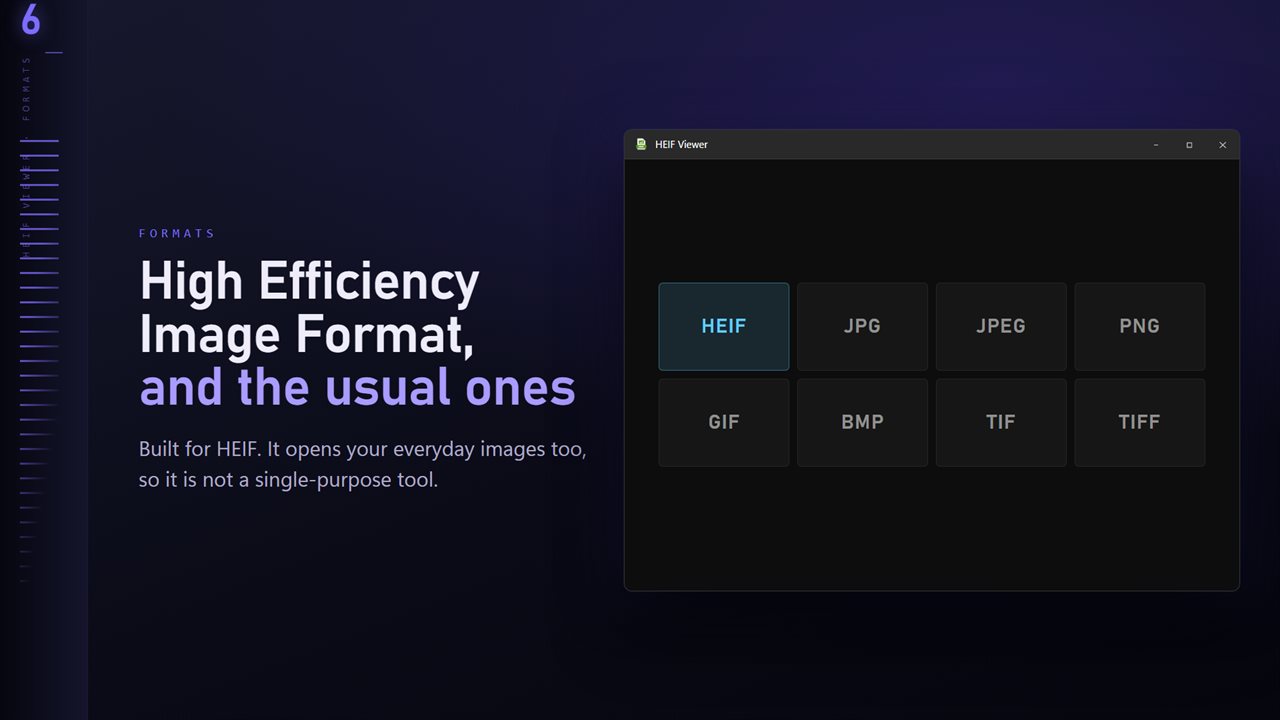 HEIF plus the everyday formats: JPG, PNG, GIF, BMP and TIFF.