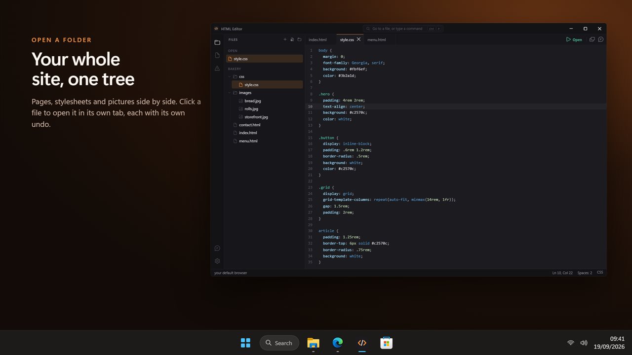 Open a folder and the tree shows your whole site, pictures and stylesheets included.