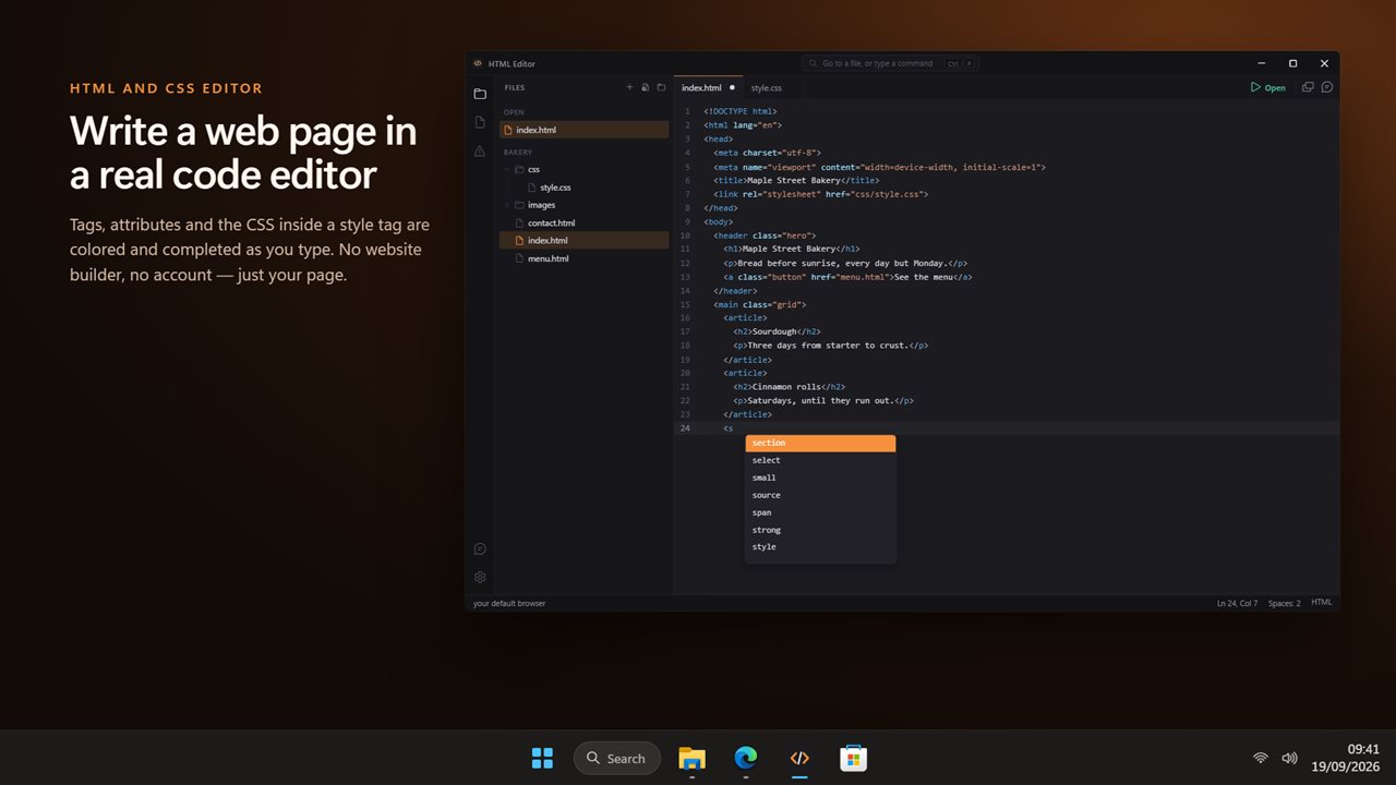 Write HTML and CSS with the colors and completion of a real code editor.