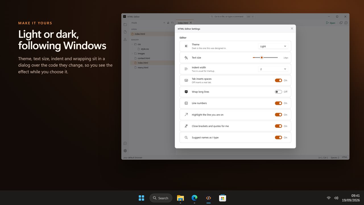 Light or dark, following Windows, with every setting over the code it changes.