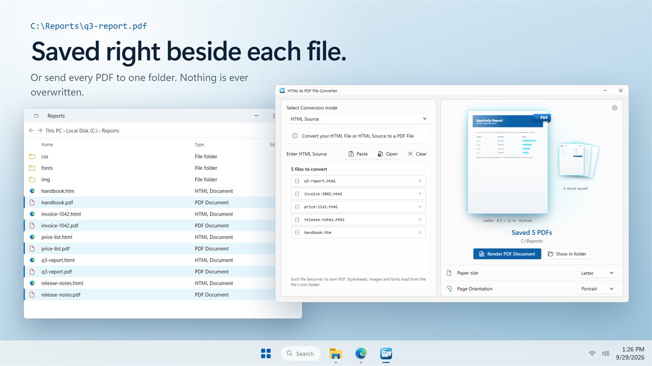 Each PDF is saved right beside its HTML file.