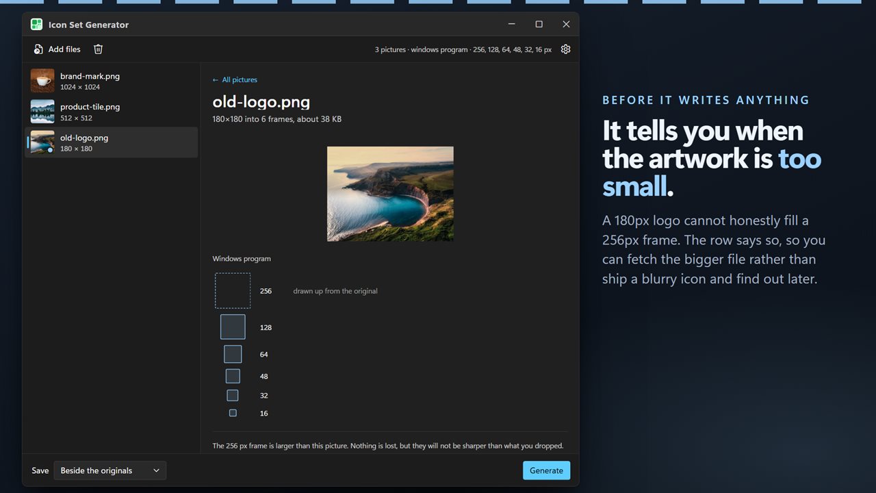 It tells you the artwork is too small before it writes anything.