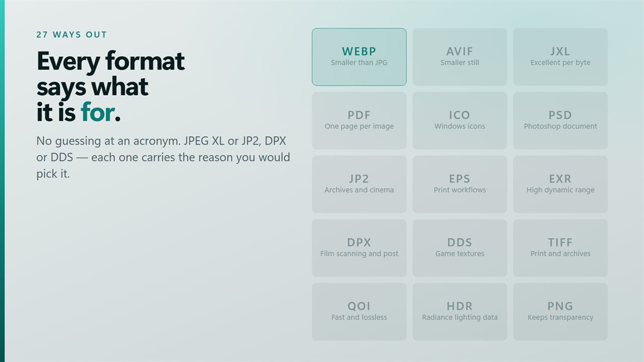 27 formats out, each with a line saying what it is actually for.