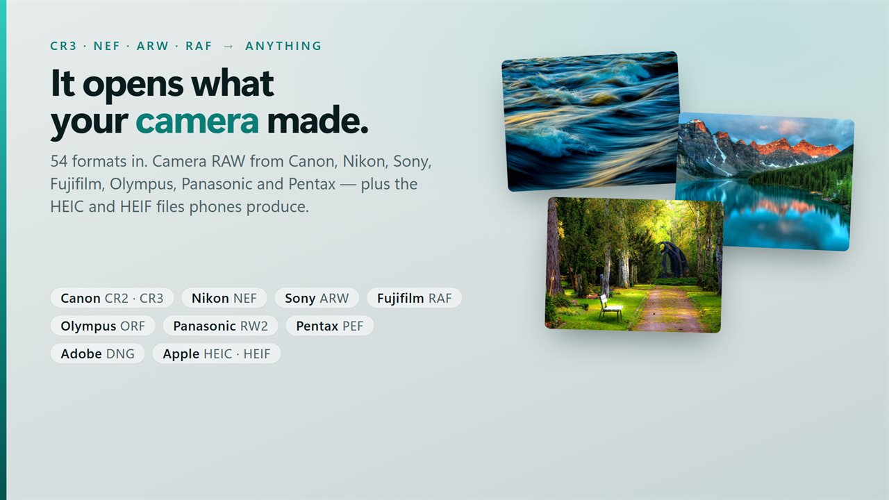 Reads 54 formats in, including camera RAW from Canon, Nikon, Sony, Fujifilm and more.