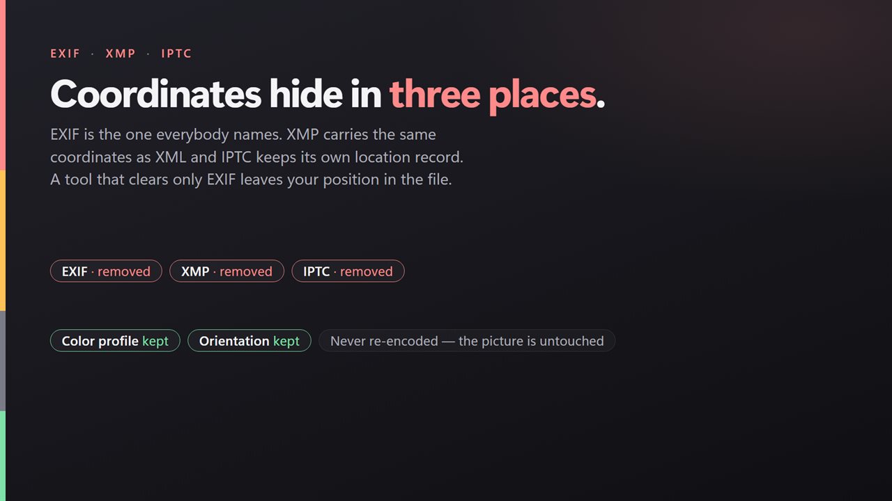 Coordinates hide in three places: EXIF, XMP and IPTC.