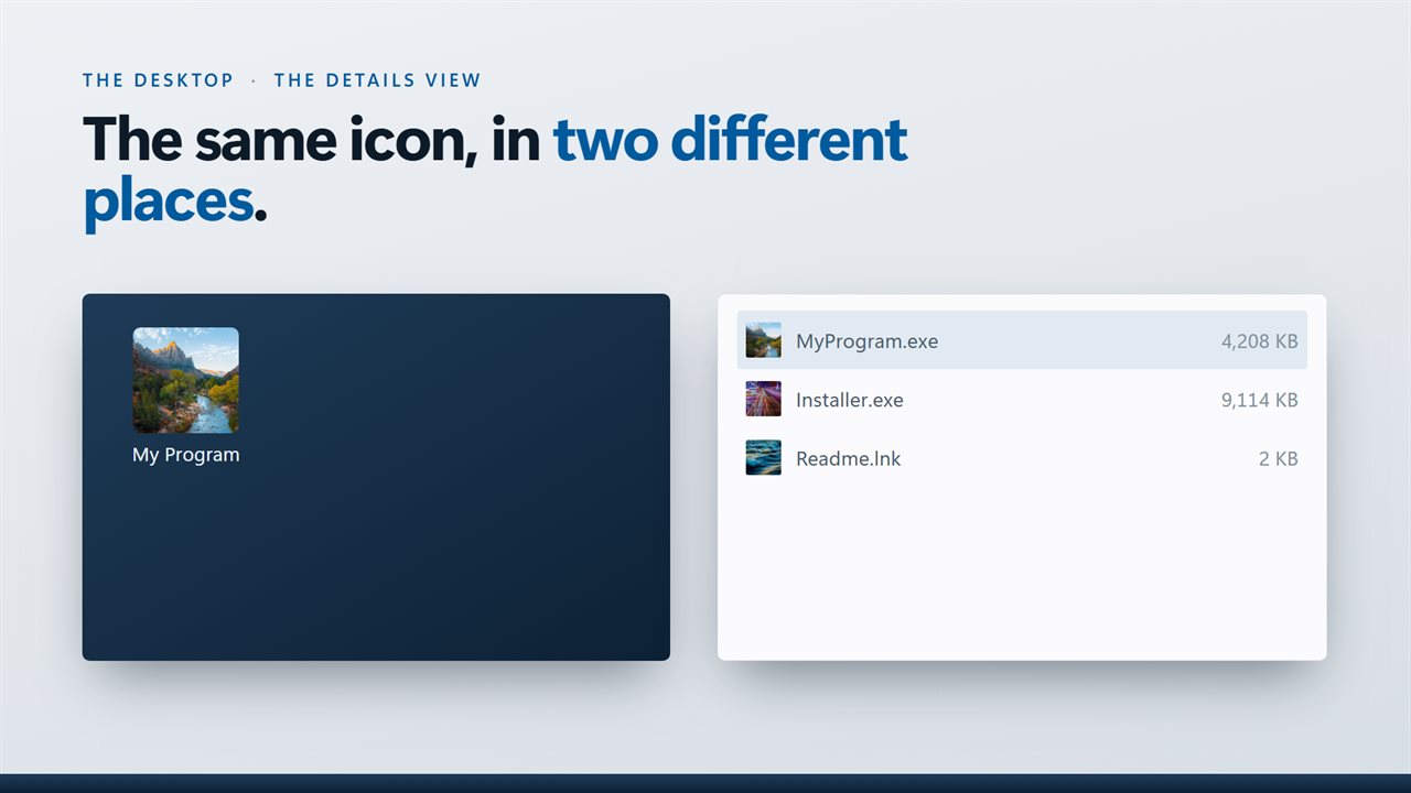 The same icon in two places — the desktop and the details view.