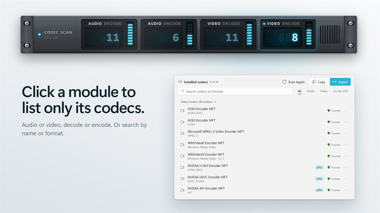 Click a module on the rack to list only its codecs.