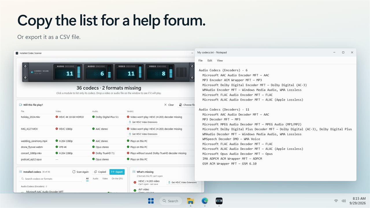 Copy the list for a help forum, or export it as a CSV file.