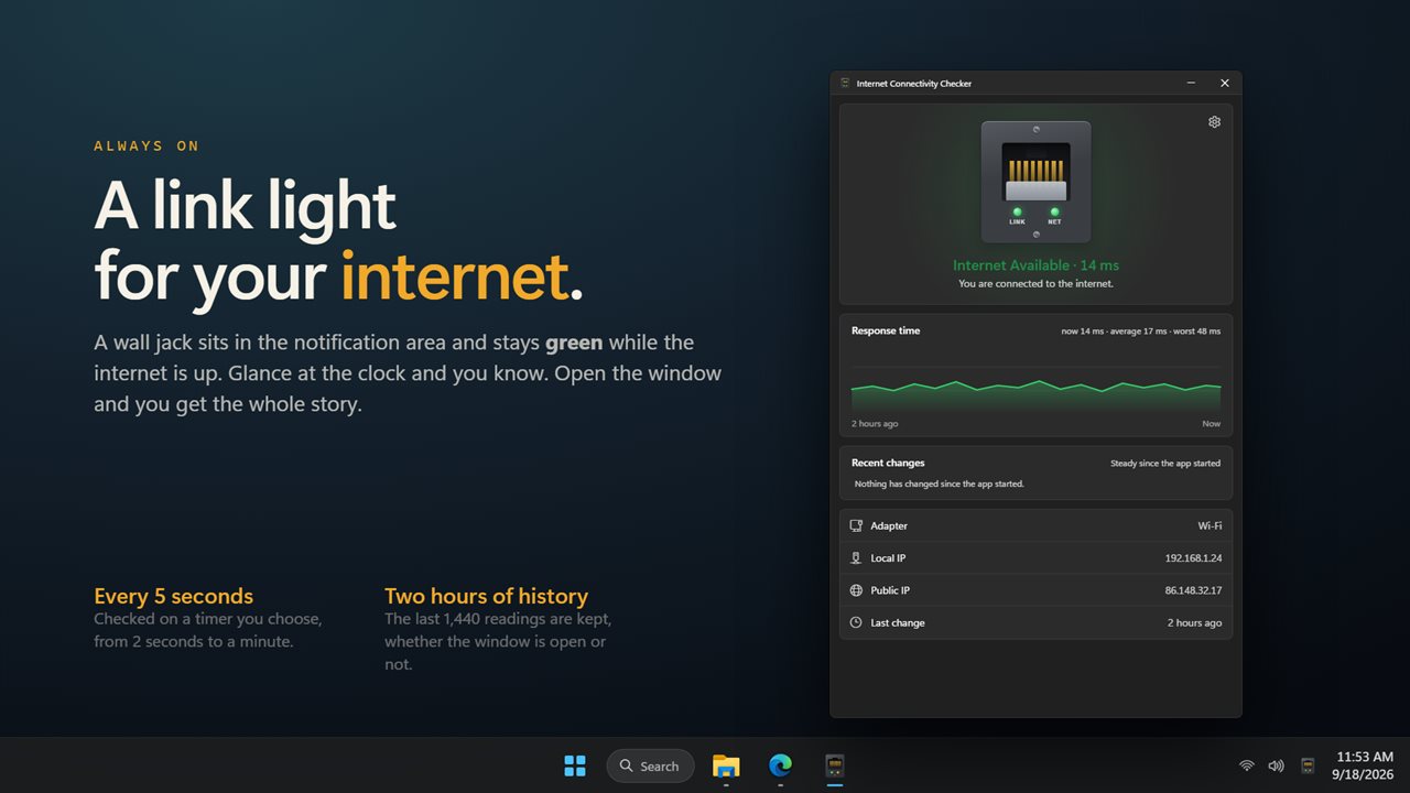 A link light by the clock, green while the internet is up.