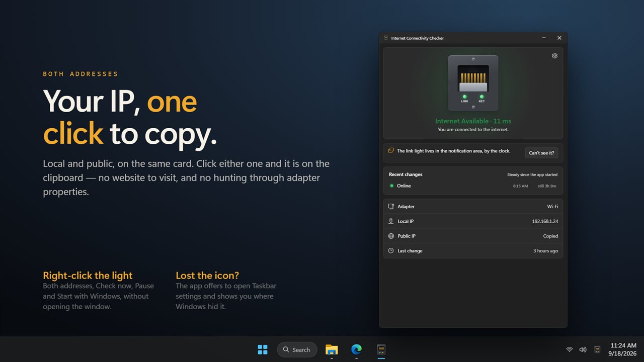 Local and public IP on one card. Click either one to copy.