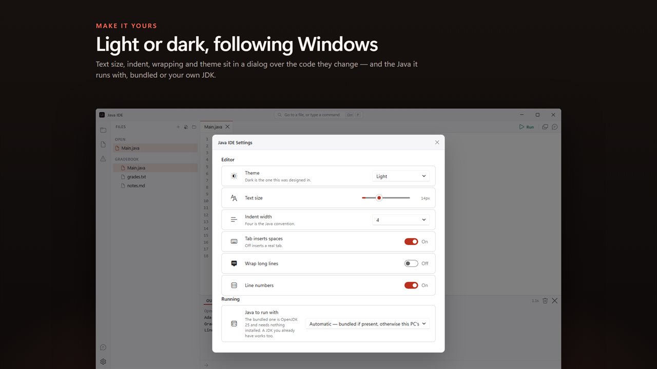 Light or dark, following Windows, with every setting over the code it changes.