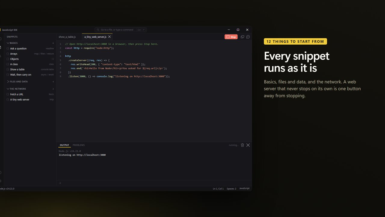 Twelve snippets that each open as a whole script and run as they are.