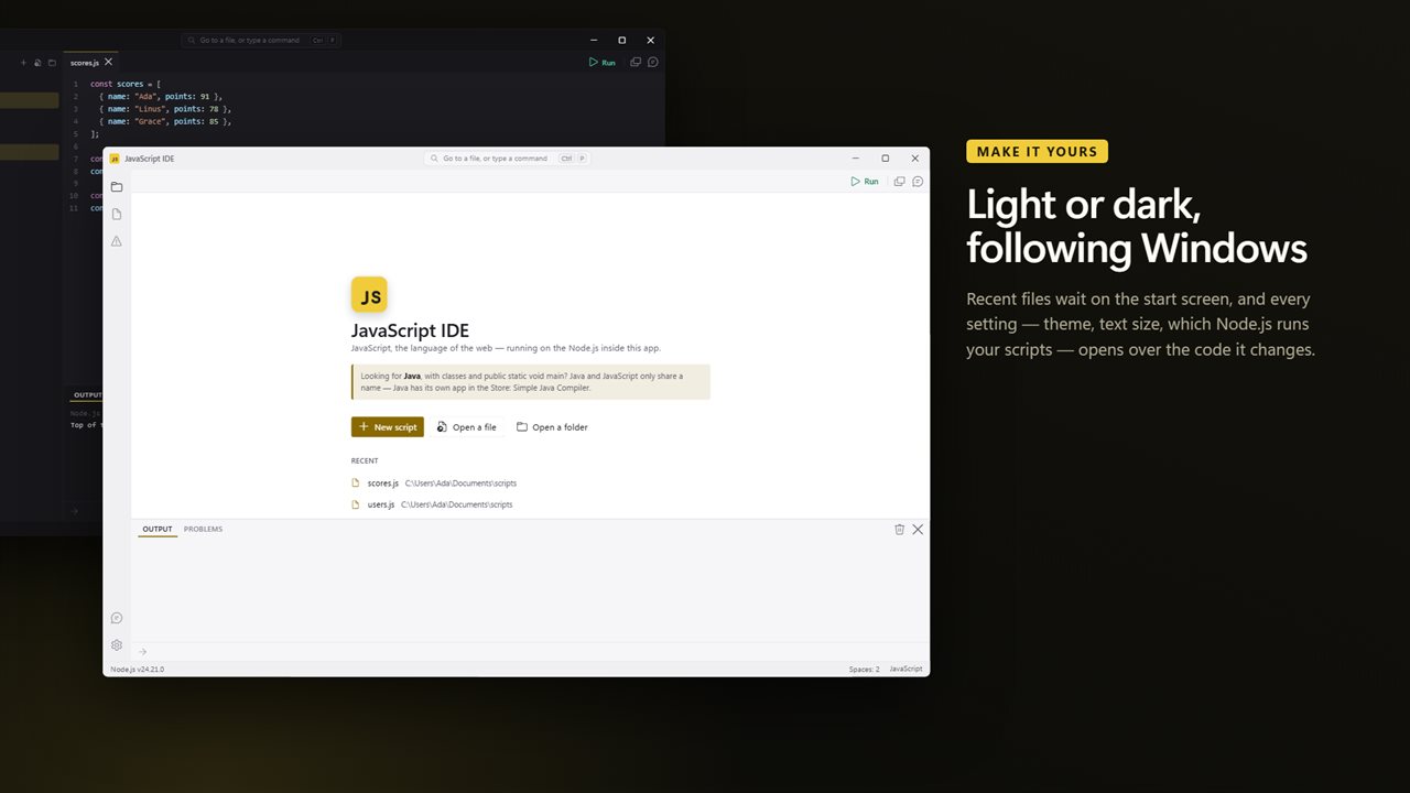 Light or dark, following Windows, with your recent files waiting on the start screen.