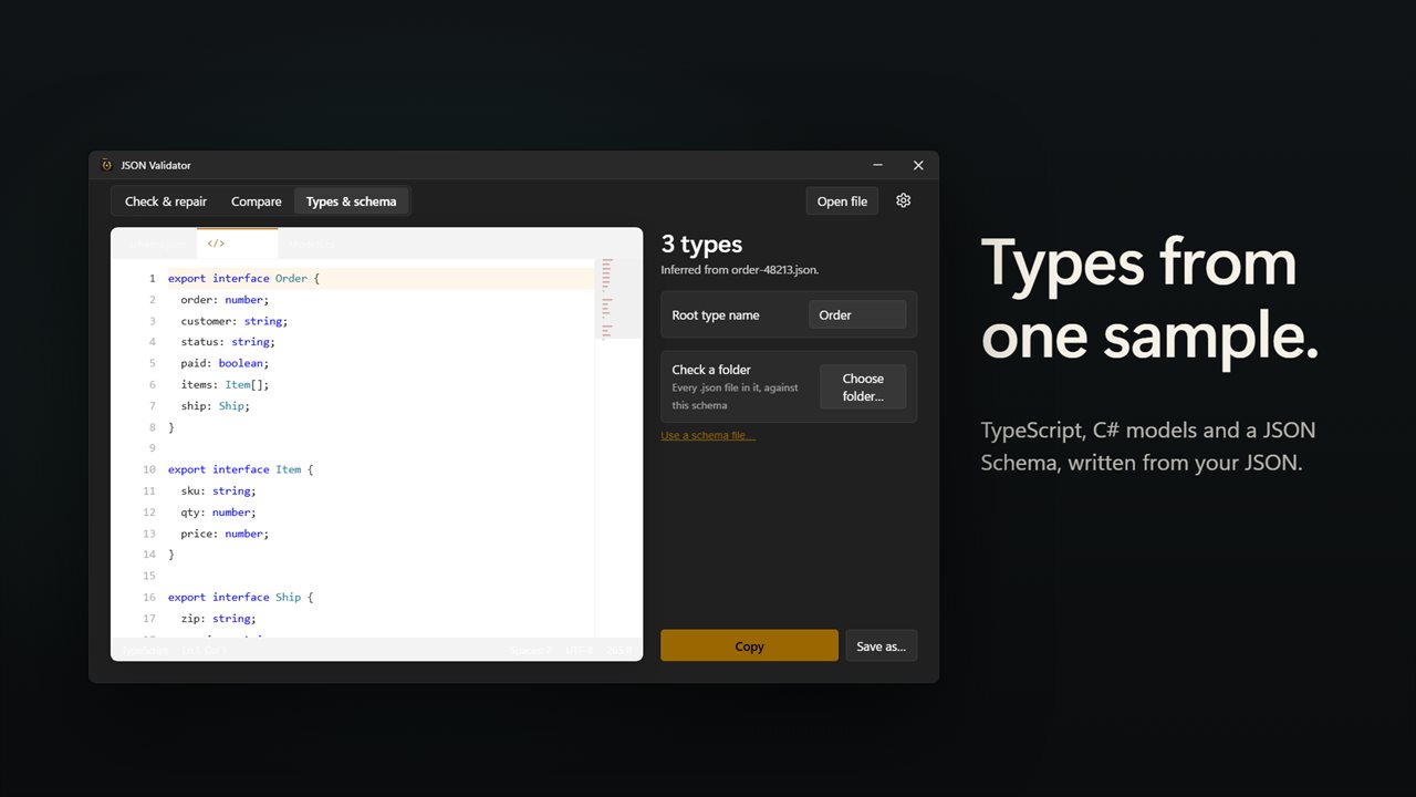 TypeScript, C# and a JSON Schema from one sample.
