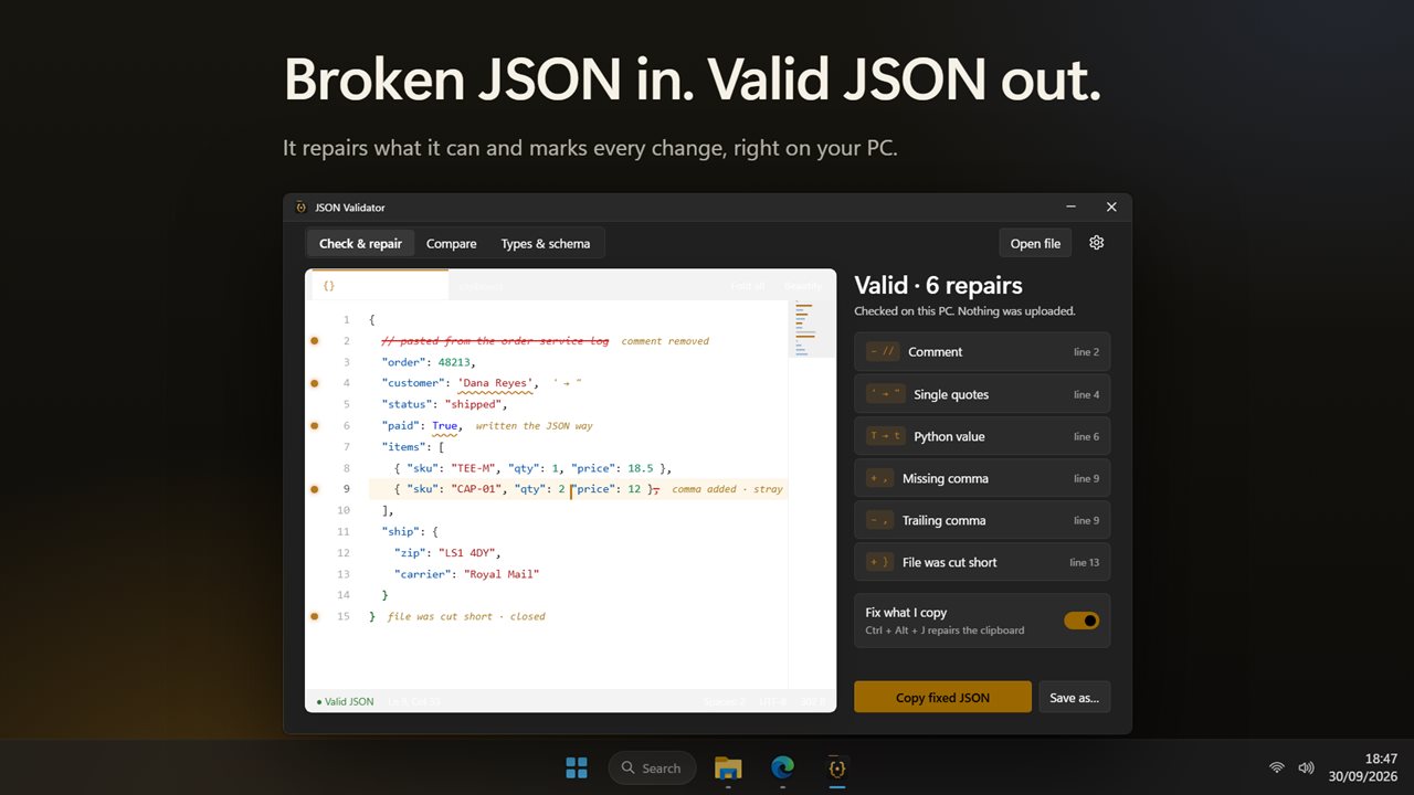 Broken JSON in, valid JSON out, with every repair marked.
