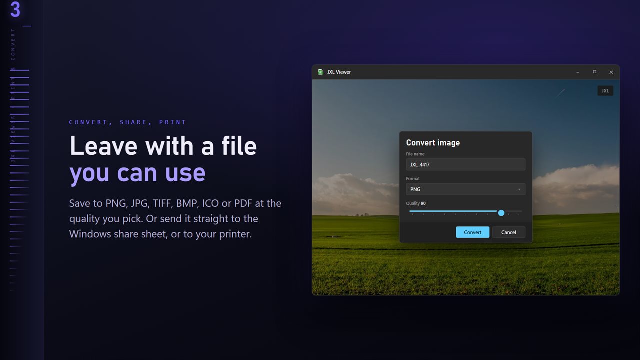 Save to PNG, JPG, TIFF, BMP, ICO or PDF at the quality you pick.