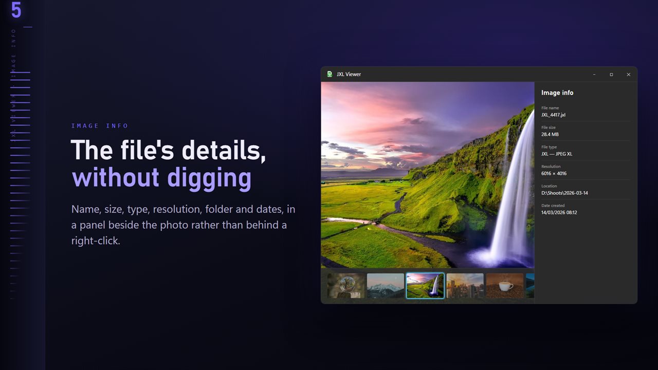 Name, size, type, resolution and dates, in a panel beside the image.