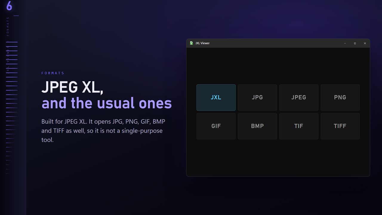 JXL plus the everyday formats: JPG, PNG, GIF, BMP and TIFF.