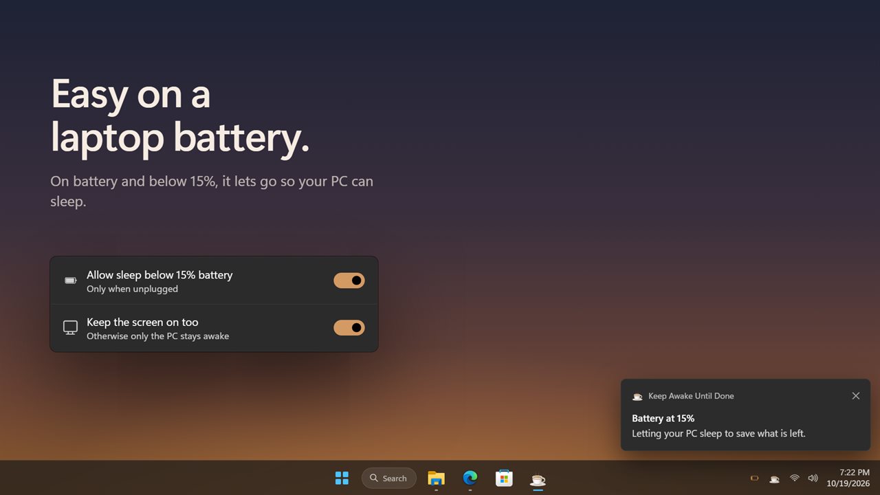 On battery, it lets your PC sleep below 15%.