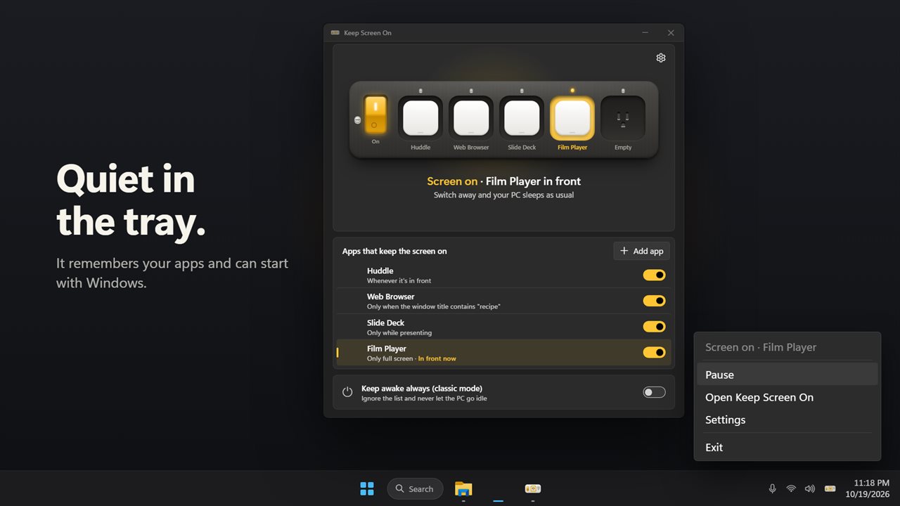 Runs in the tray, remembers your apps and can start with Windows.