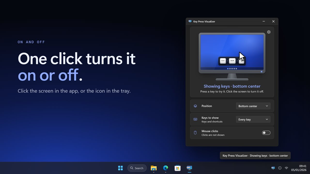One click turns it on or off, from the app or the tray.