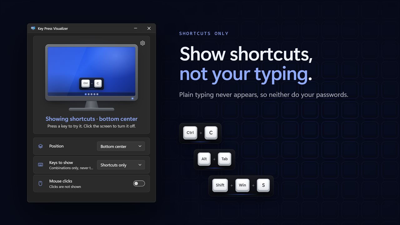 Shortcuts only mode shows combinations and never your typing.