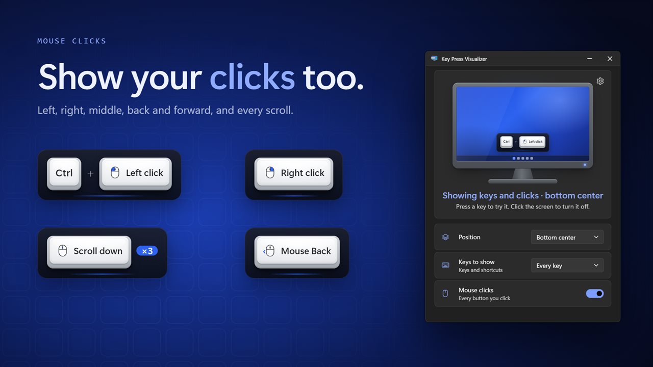 Show mouse clicks and scrolls too, joined to any key you hold.