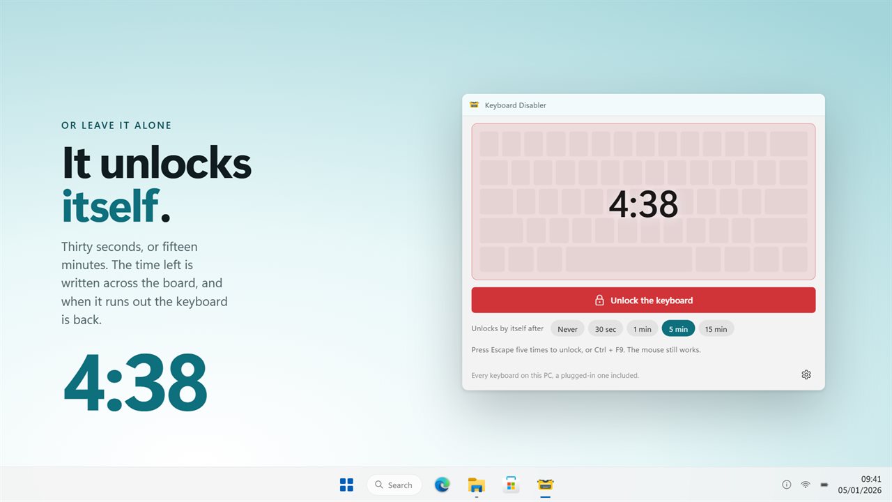 Or set a countdown and it unlocks by itself, up to 15 minutes.