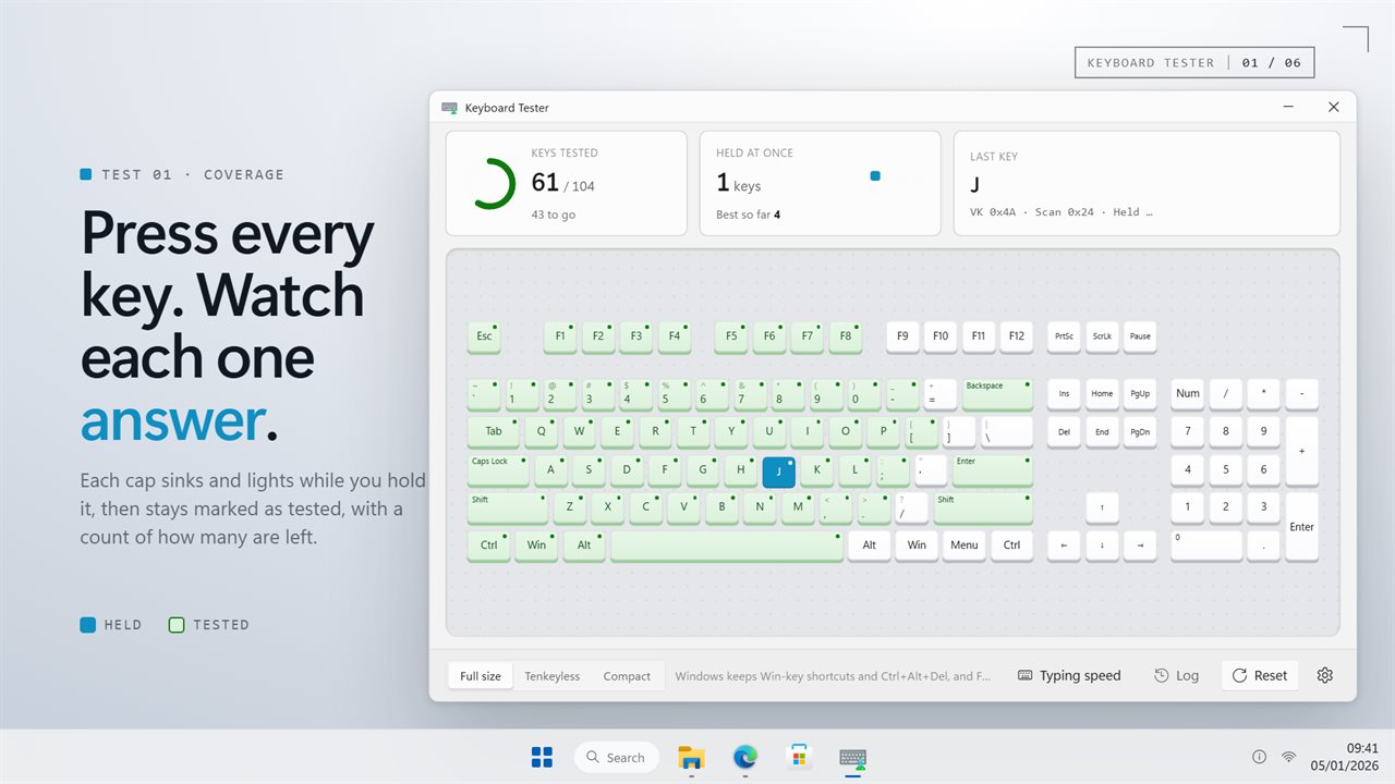 Press every key. Each one lights while held and stays marked once it has answered.