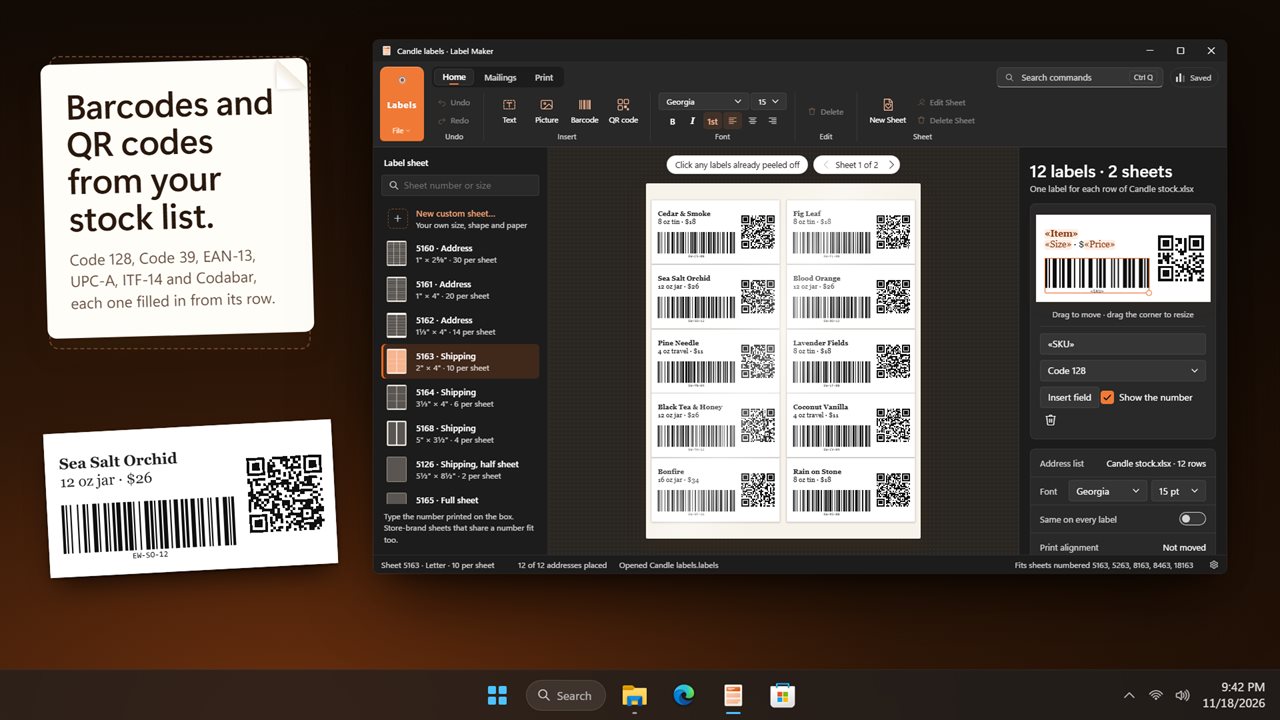 Barcodes and QR codes filled in from your stock list.