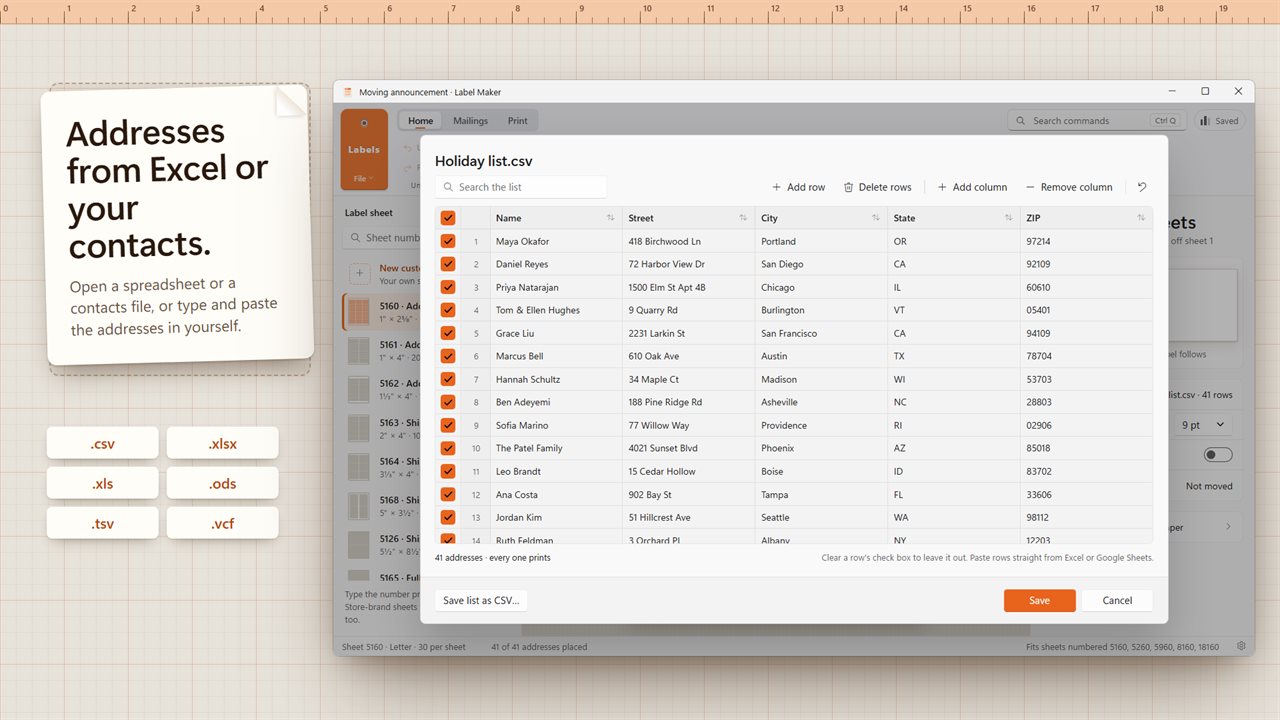 Open addresses from Excel, OpenDocument, CSV or your contacts, or type them in.