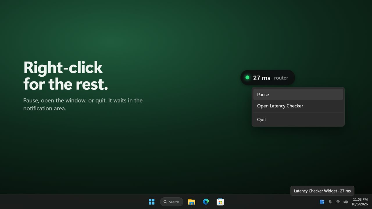 Right-click the pill to pause, open the window or quit.